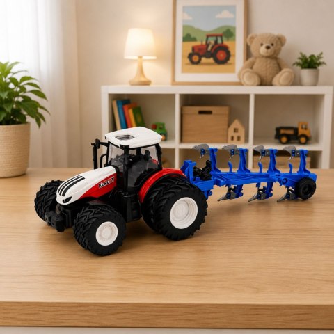 Traktor Rolniczy Z Pługiem Wieloskibowym Zdalnie Sterowany RC Czerwony 1:24