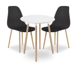 Zestaw Stół KAMI Okrągły 60cm - biały / naturalne nogi + 2 krzesła WAT czarne / nogi naturalne