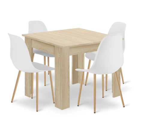 Zestaw Stół NP 80x80cm Dąb Sonoma + 4 krzesła WAT białe / nogi naturalne