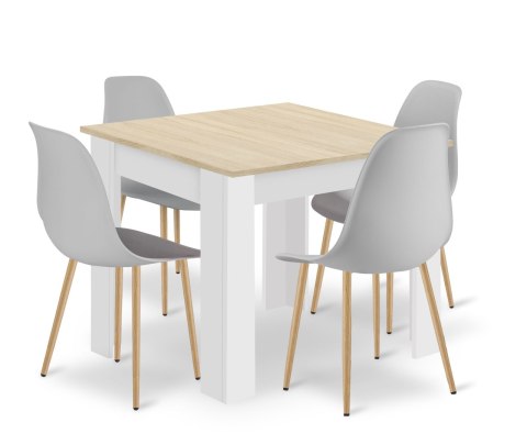 Zestaw Stół NP 80x80cm Dąb Sonoma + Biały + 4 krzesła WAT szare / nogi naturalne