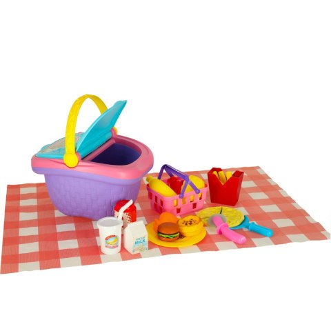 Kosz piknikowy koszyk owoce soki napoje jedzenie prowiant przekąski na piknik