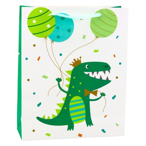 Torba Prezentowa Dinozaur Z Balonami Biało Zielona 32 x 26 x 10cm