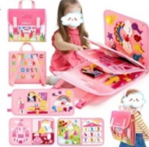 Tablica manipulacyjna sensoryczna montessori walizka plecak różowy