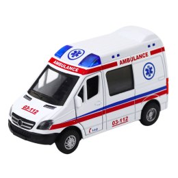 Karetka Ambulans Metalowy Z Napędem Pull Back Światła Dźwięki Biały 1:32