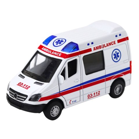 Karetka Ambulans Metalowy Z Napędem Pull Back Światła Dźwięki Biały 1:32