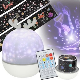 Lampka nocna projektor gwiazd LED USB obrotowy 6 motywów pilot jelonek