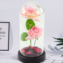 Wieczne Róże w Kopule z Oświetleniem LED i Płatkami Róż Różowe 21x11cm