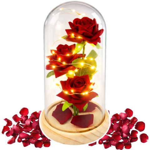 Wieczne Róże W Szklanej Kopule Oświetlenie LED Czerwone 21,5 x 11 cm