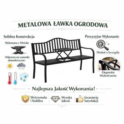 Ławka Ogrodowa Taras Ogród Park Metalowa Oparcie Stolik Czarna 150 cm