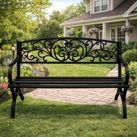 Ławka Ogrodowa Taras Ogród Parkowa Metalowa Oparcie Zdobiona Czarna 127 cm