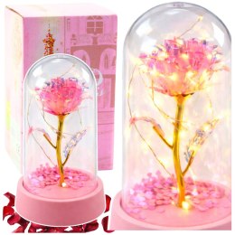 Wieczna Róża Kryształowa w Kopule z Oświetleniem LED Różowa 14x8cm