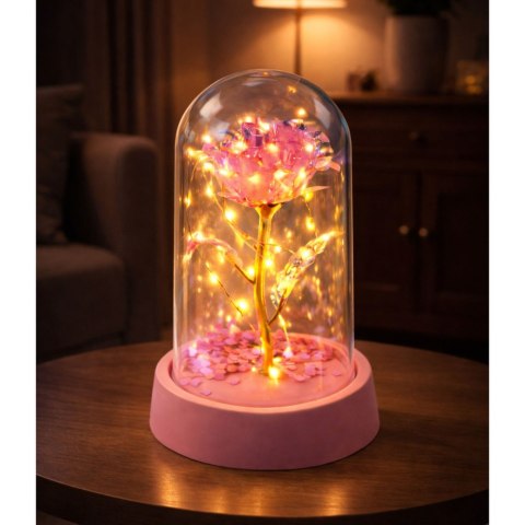 Wieczna Róża Kryształowa w Kopule z Oświetleniem LED Różowa 14x8cm