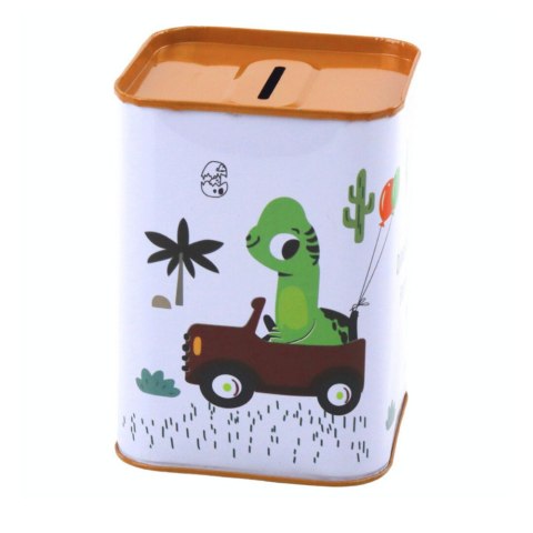 Skarbonka Dinozaur W Samochodzie Nauka Oszczędzania Metalowa Biała 11x8cm