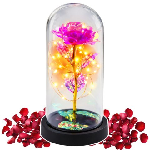 Wieczna Kryształowa Róża w Kopule z Oświetleniem LED Różowa 21x11cm