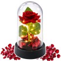 Wieczna Róża w Kopule z Oświetleniem LED Czerwona z Płatkami Róż 14x8cm