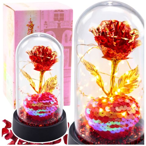 Wieczna Róża Kryształowa w Kopule z Oświetleniem LED z Serduszkiem 14x8cm
