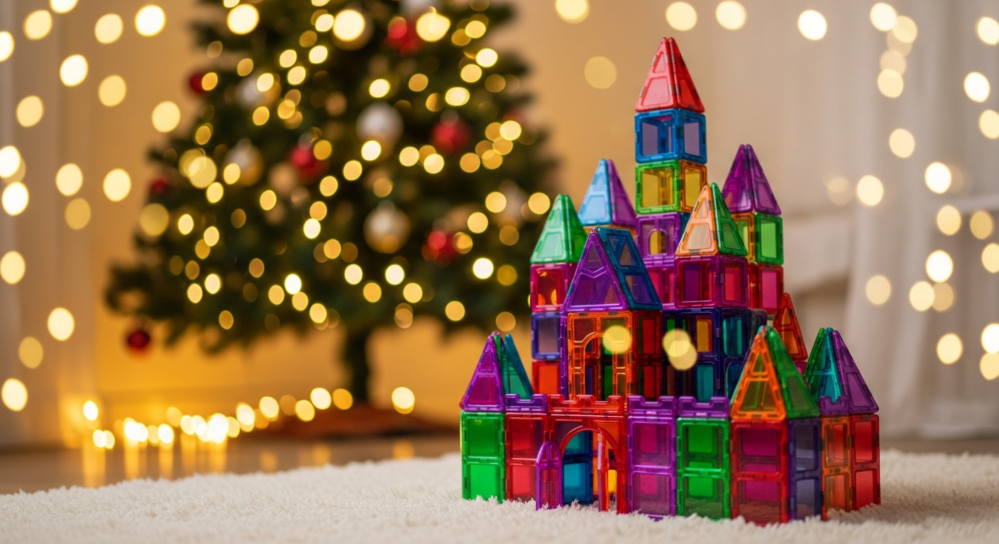 Baza z klock&oacute;w magnetycznych w salonie przed choinką